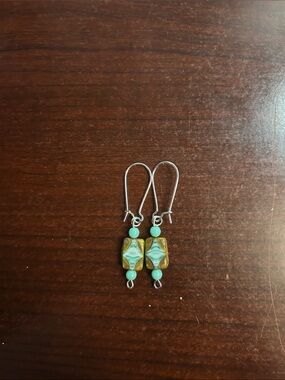 Handmade Turquoise Glass Bead Dangle Earrings - Unbranded